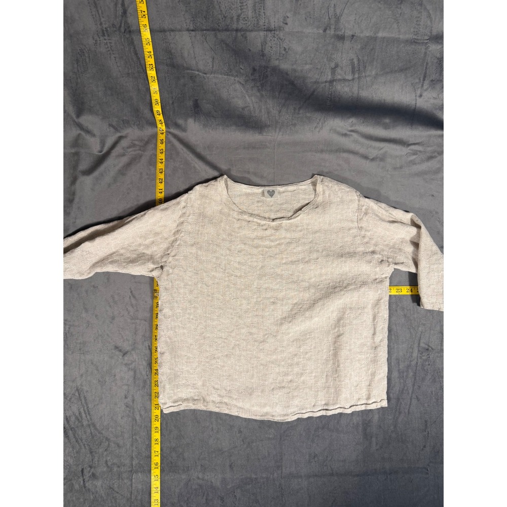 100% Linen Top Womens Medium Beige Open Weave Textured Boxy Relaxed Made in USA